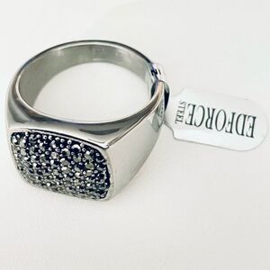 NWT Gorgeous Silver Men Ring Sz 12 EDFORCE Stainless Steel with Silver Cristals